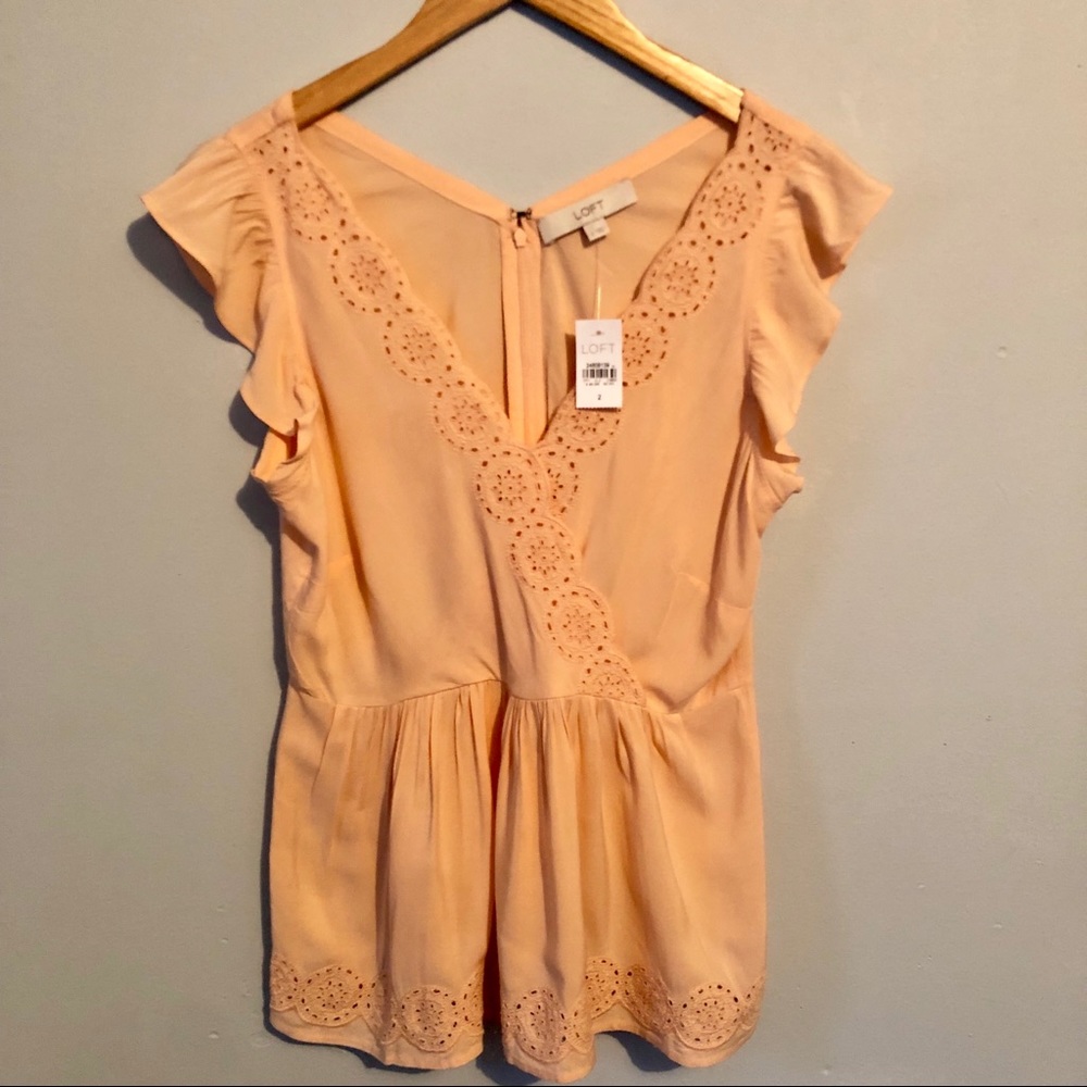 NWT LOFT Pink Flutter Sleeve Embroidered Blouse 2